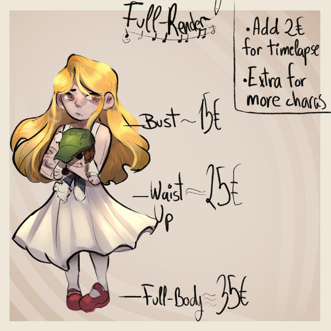 Fully-rendered Commissions (Chibi Style) Bust is 10€, Waist up is 15€ and Full-body for 20€. Add 2€ for timelapse and extra for more characters.