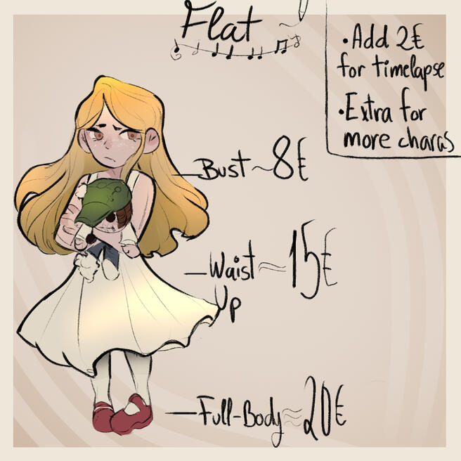 Flat-coloured Commissions (Chibi Style) Bust is 8€, Waist up is 15€ and Full-body for 20€. Add 2€ for timelapse and extra for more characters.