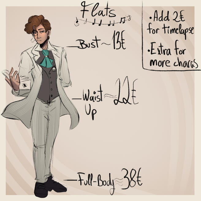 Flat-colour Commissions (Bigger Style) Bust is 13€, Waist up is 22€ and Fullbody is 38€. Add 2€ for timelapse and extra for more characters.